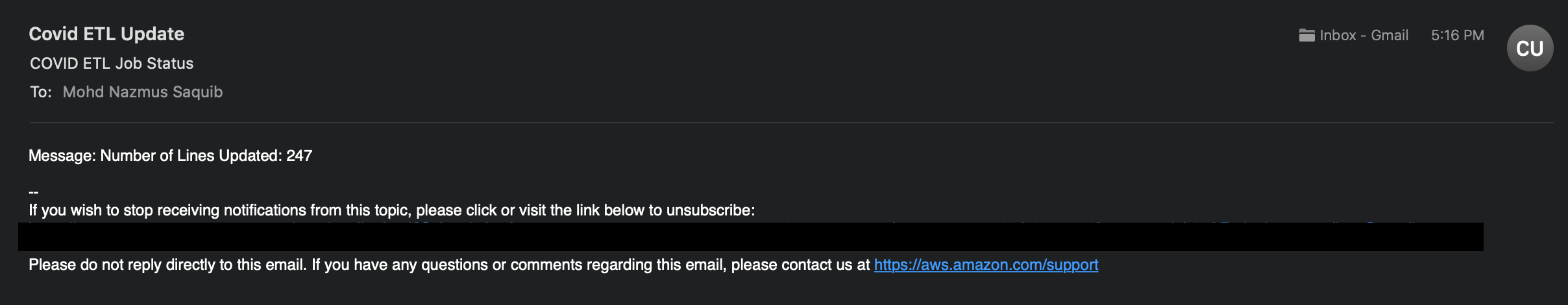 SNS email notification from the ETL process