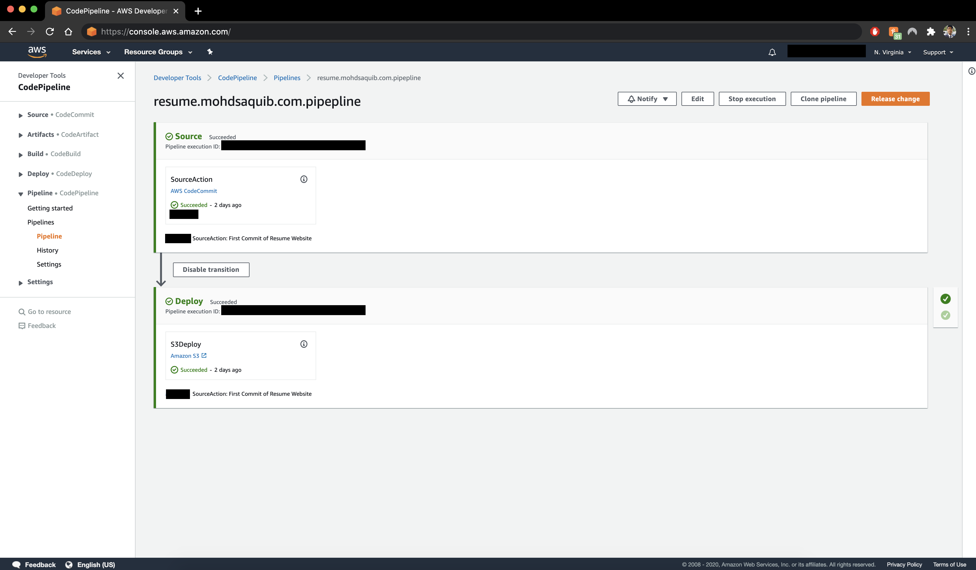AWS CodePipeline used to deploy the résumé website