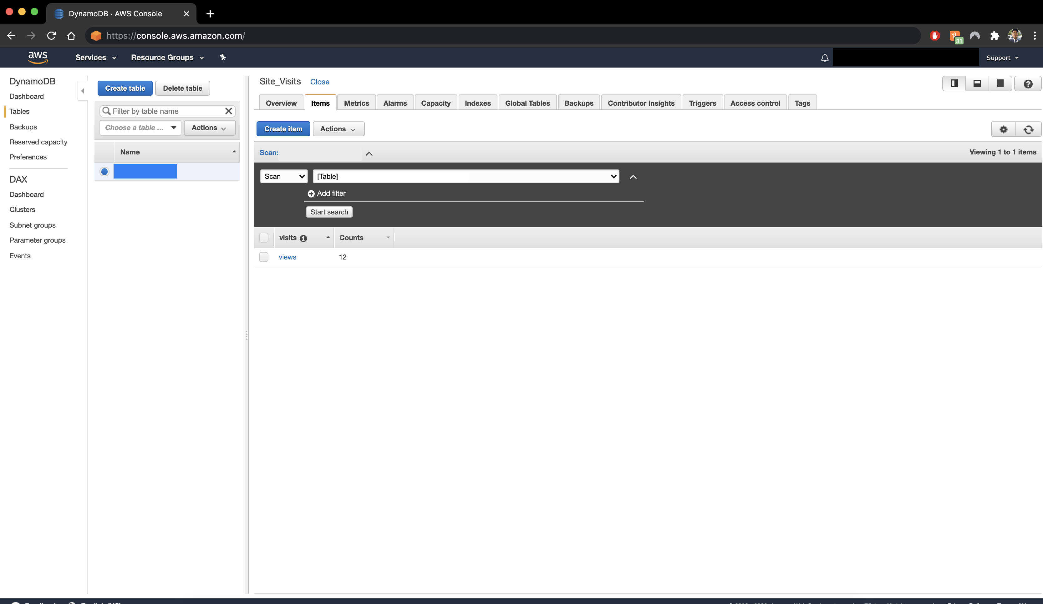 DynamoDB visitor counter table