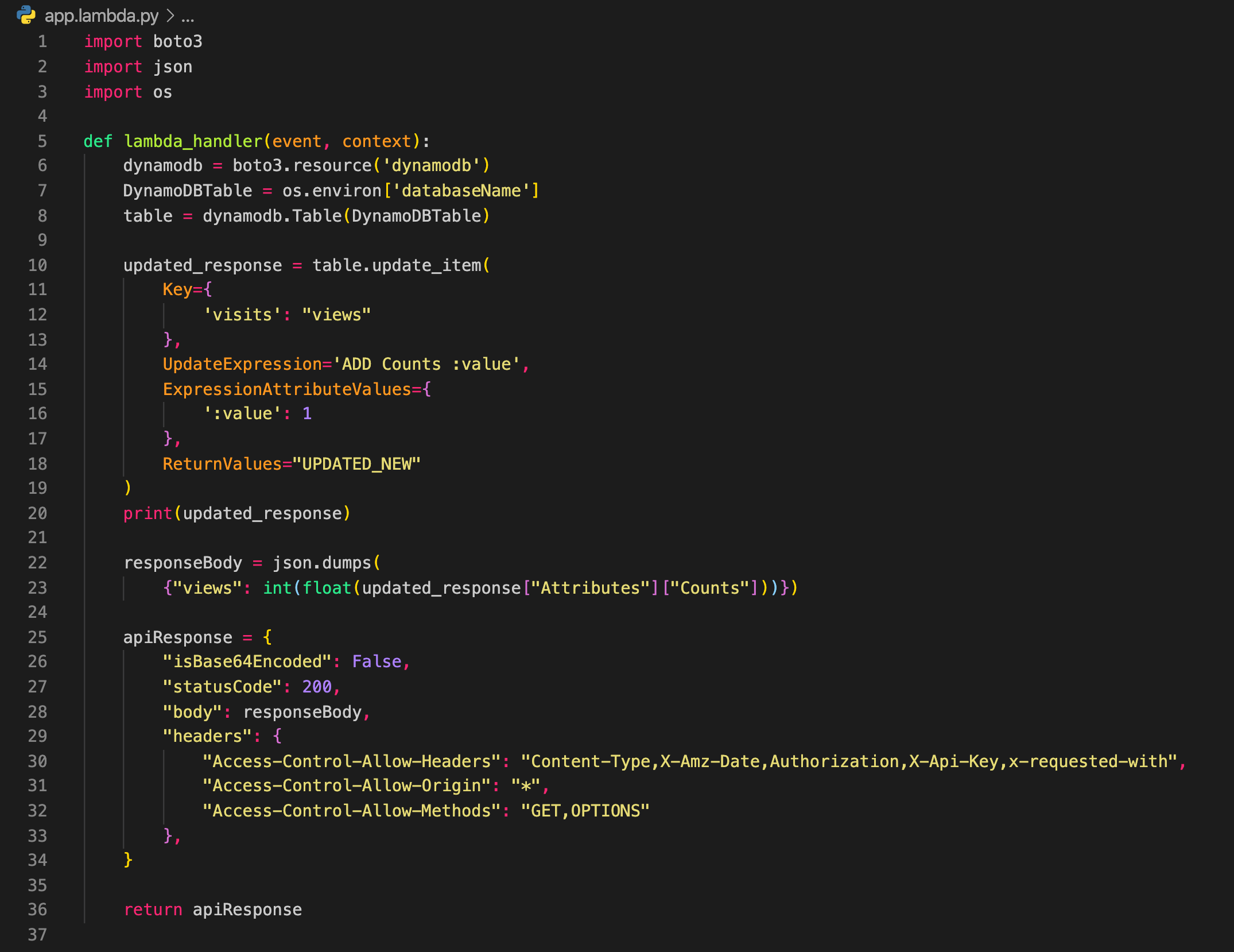 Python Lambda function for the visitor counter